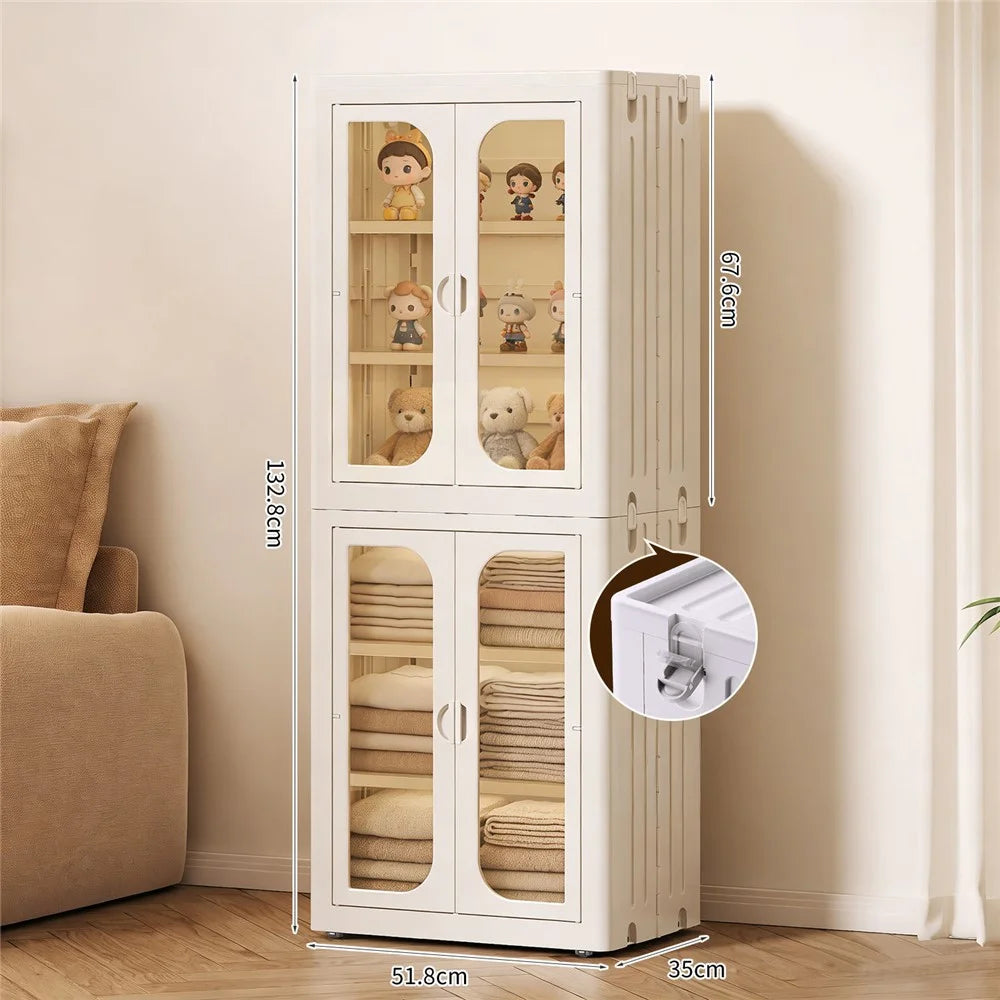 6-Tier No Assembly Folding Storage Cabinet Transparent Doors Plastic Snacks Toys Clothes Organizer for Bedroom Living Room - 1