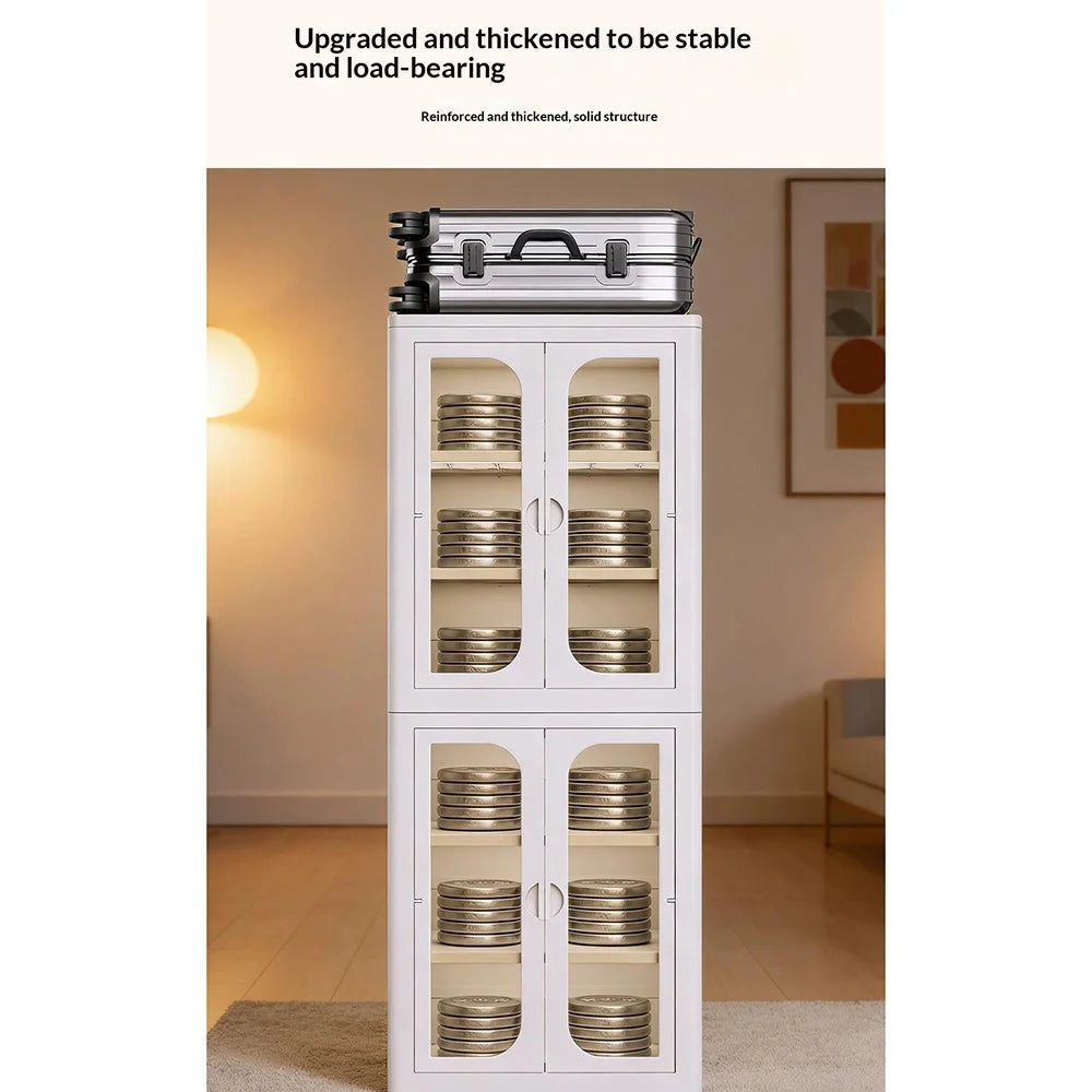 6-Tier No Assembly Folding Storage Cabinet Transparent Doors Plastic Snacks Toys Clothes Organizer for Bedroom Living Room - 2