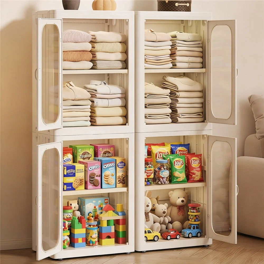 4-Tier No Assembly Folding Storage Cabinet Transparent Doors Plastic Snacks Toys Clothes Organizer for Bedroom Living Room - 3