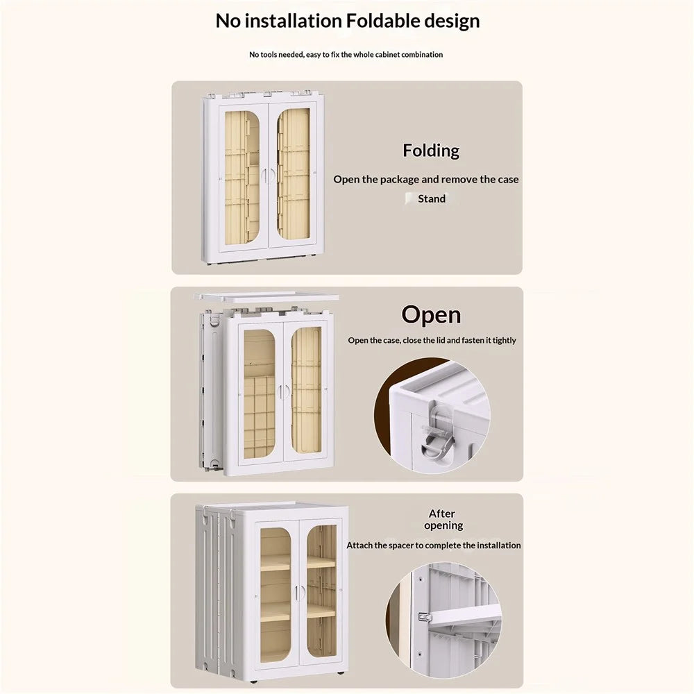 1-Tier+2-Tier 51.8x35x132.8cm No-Tool Folding Storage Cabinet Transparent Dual Door Snacks Clothes Toy Organizer - 5