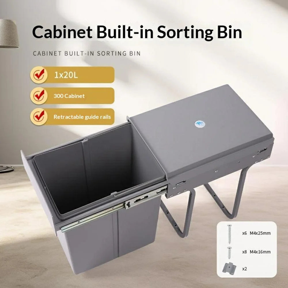 20L Cabinet Built-in Trash Can Kitchen Hidden Pull Out Kitchen Garbage Bin with Retractable Rails and Lid - 2