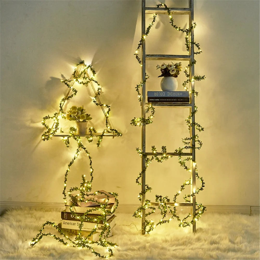 5m 50 LED Simulation Green Leaf Rattan Vine Light String Battery Operated Christmas Fairy Party DIY Decoration - 3
