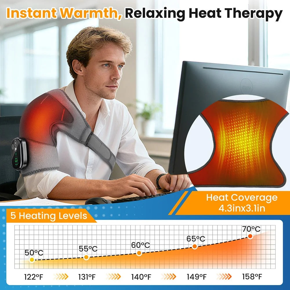 Shoulder Massager 4 Motors 5 Speed Vibration Wireless Rechargeable Heat Therapy Pad - Grey - 4