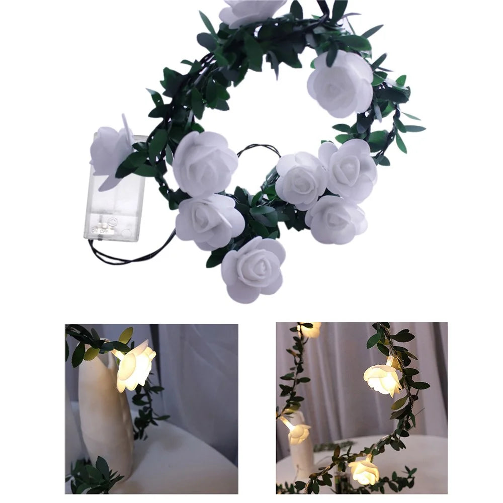 1.5m 10 LED Artificial Green Leaf Rattan Rose Flower Vine Battery Operated Light String DIY Christmas Party Decor - 1