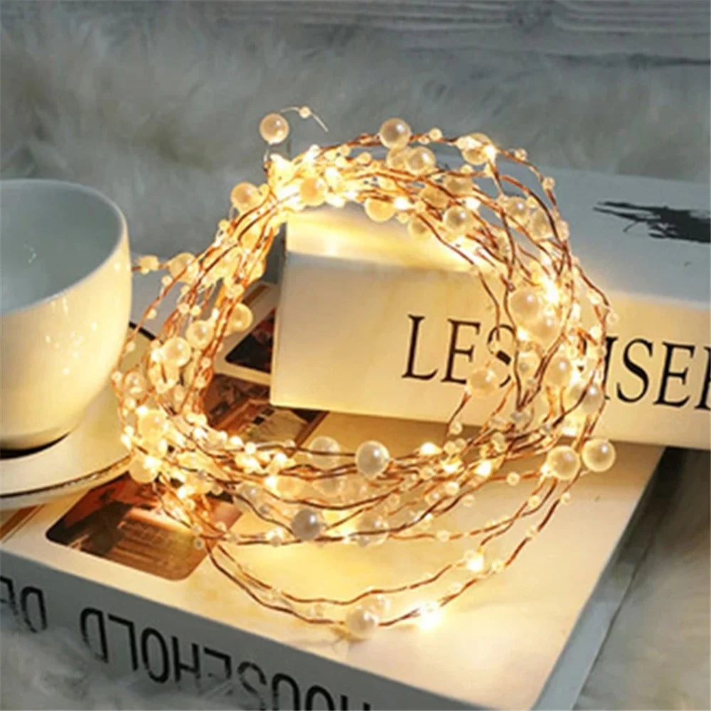 2m 20 LED Battery Operated Copper Wire String Light with Artificial Pearl Xmas Wedding Party Decor - 1