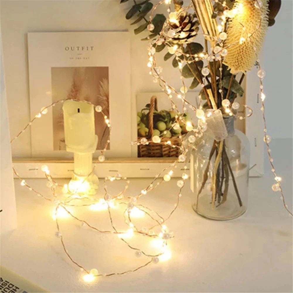 2m 20 LED Battery Operated Copper Wire String Light with Artificial Pearl Xmas Wedding Party Decor - 2