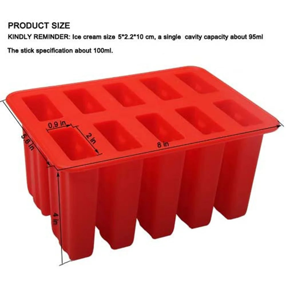 10-Grid Silicone Ice Lolly Mold Tray BPA Free DIY Mould with 50 Wooden Sticks (without FDA Certificate) - Red - 5