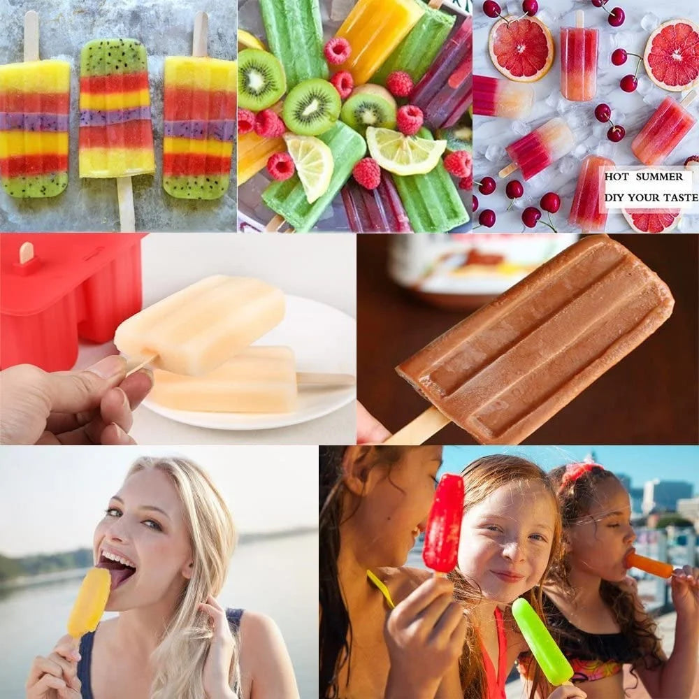 10-Grid Silicone Ice Lolly Mold Tray BPA Free DIY Mould with 50 Wooden Sticks (without FDA Certificate) - Red - 7
