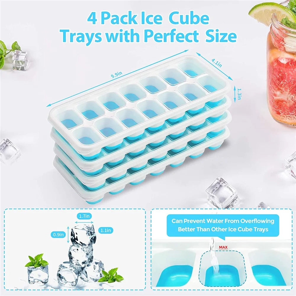 4Pcs 14-Grid Ice Cube Tray Easy-Release Bottom Silicone + Plastic Mold with Spill-Resistant Removable Lid for Cocktail Beer (LFGB Certified and BPA Free) - Blue - 4