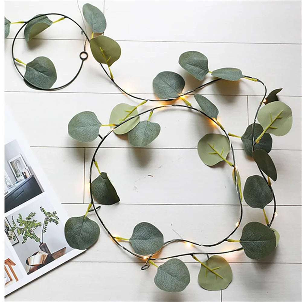 2m 20 LED Wedding Home Green Leaf Light String Simulation Eucalyptus Rattan Decorative Copper Wire Lamp - 3