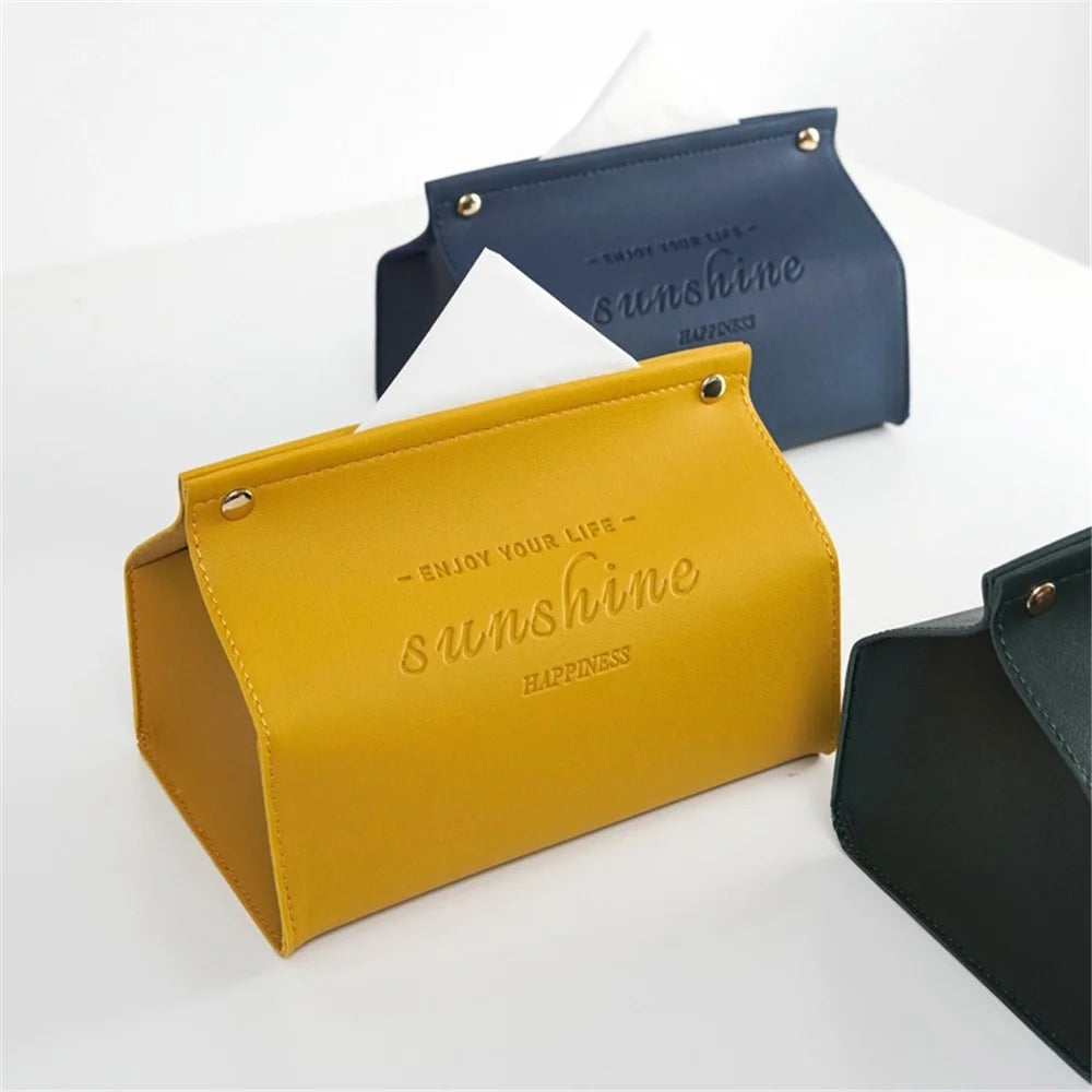 YT2014 Nordic Snap Button Design PU Leather Tissue Box Car Home Decoration Desktop Napkin Holder Case - Yellow - 2