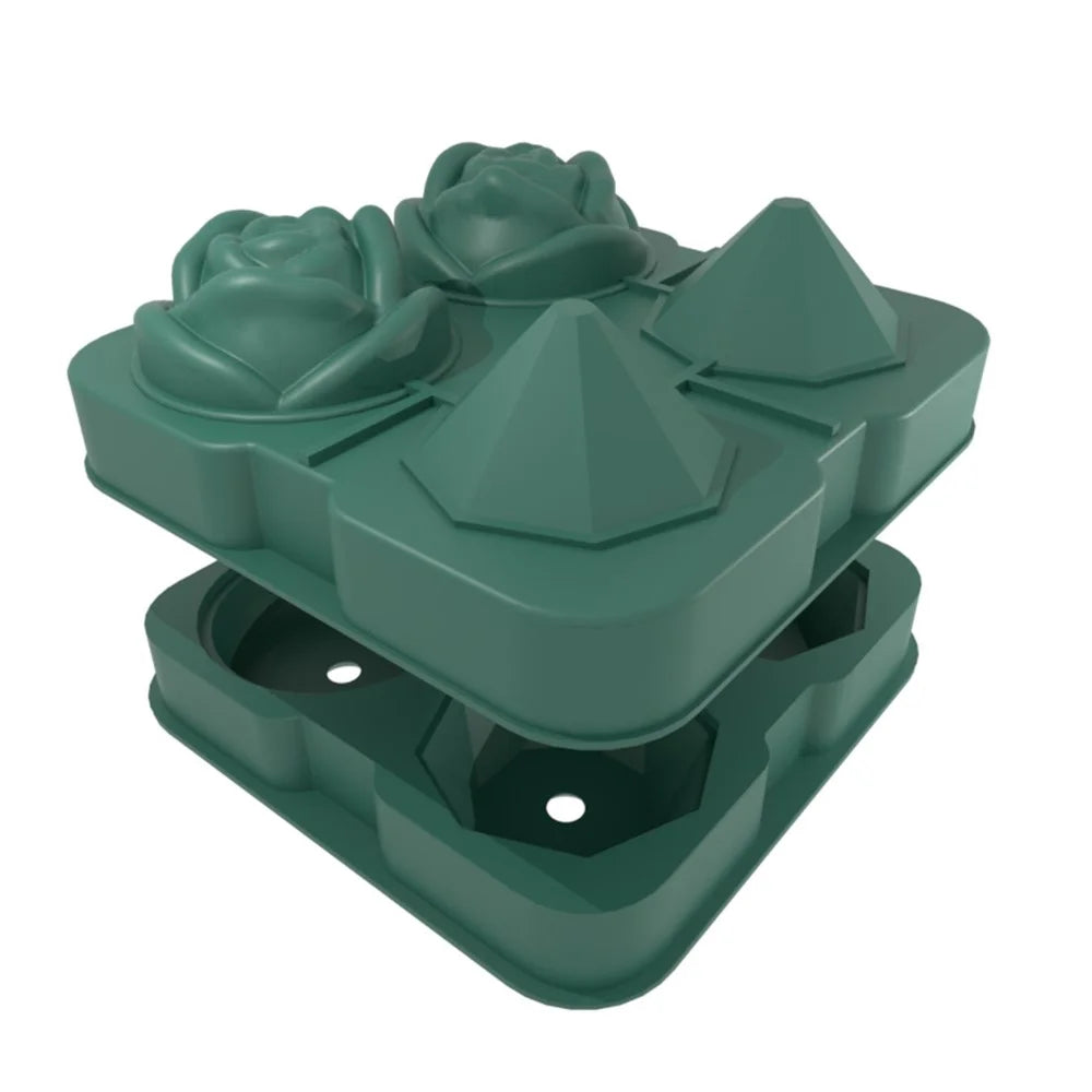 Rose and Diamond Shape Ice Cube Maker 4-grid Silicone Mold Tray for Chilling Cocktails Whiskey (No FDA Certificate) - Green - 2