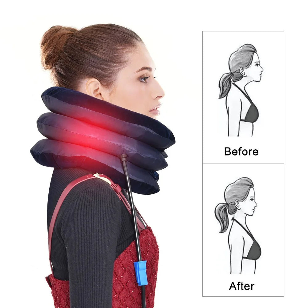 Neck Massager Corrector Collar Relief Air Inflatable Cervical Vertebra Therapy Traction 3 Layers Soft Brace Pain Relief Pillow - Coffee - 3