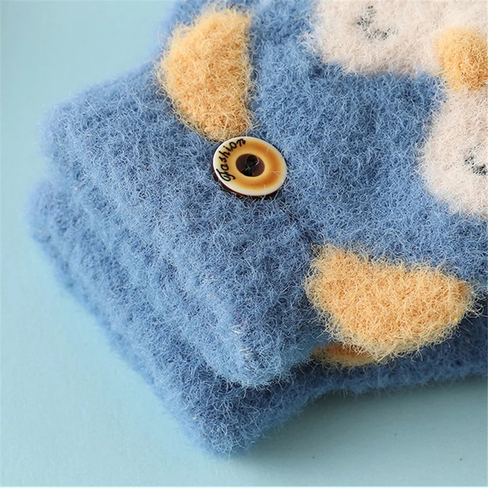 1 Pair Kids Mink Velvet Warm Gloves Half Finger Cover Cartoon Shape - Dark Blue - 2