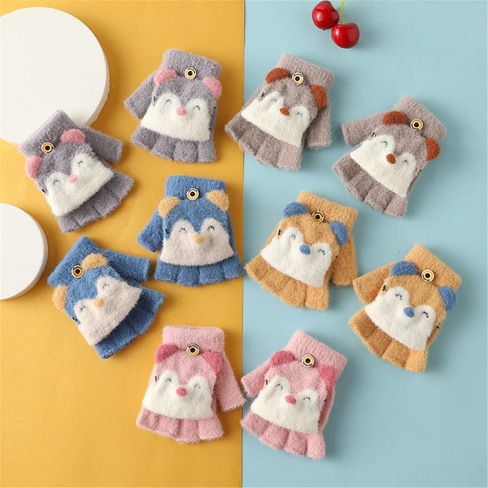 1 Pair Kids Mink Velvet Warm Gloves Half Finger Cover Cartoon Shape - Dark Blue - 4