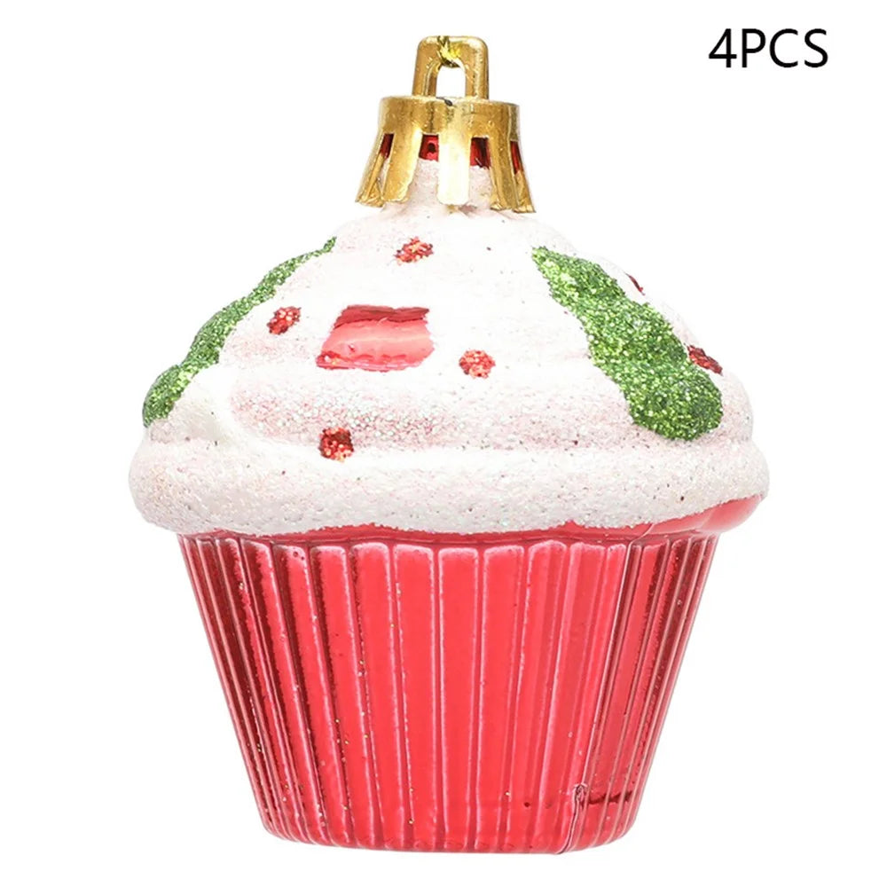 4Pcs Painted Glitter Cupcake Festival Xmas Decoration Home Christmas Tree Hanging Ornament - Red - 1