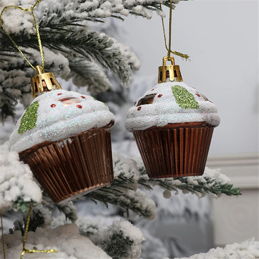 4Pcs Painted Glitter Cupcake Festival Xmas Decoration Home Christmas Tree Hanging Ornament - Red - 3
