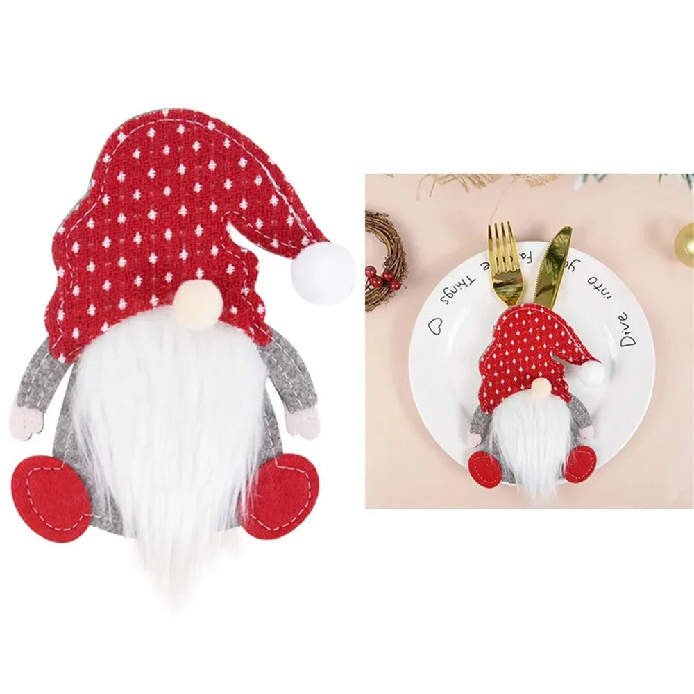 Xmas Gnome Design Cutlery Storage Bag Christmas Decoration Fork Knife Cutlery Holder Bag - Dot - 1