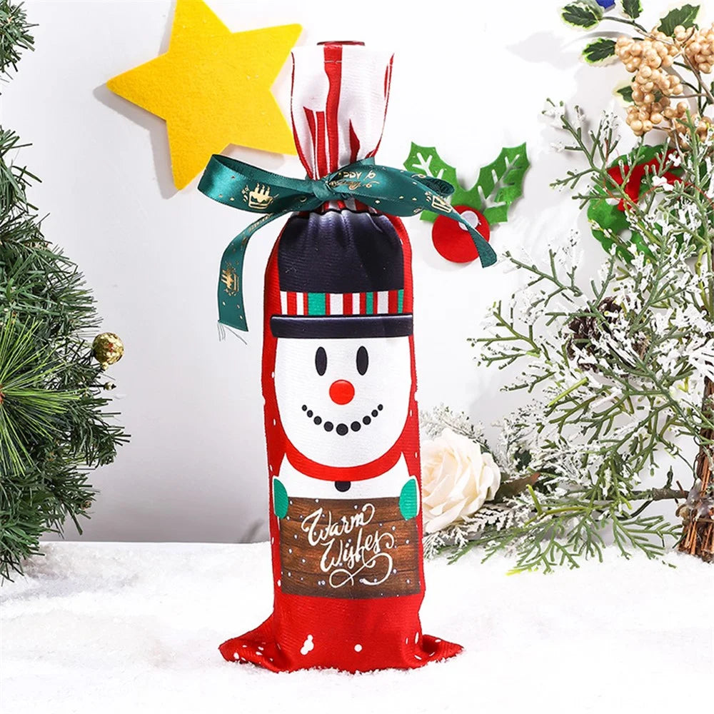 Christmas Wine Bottle Cloth Bag Red Wine Champagne Bottle Cover Dining Table Decoration - Snowman - 1