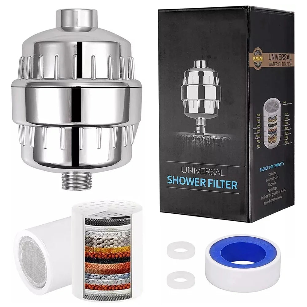 10 Stages Bathroom Water Filter Remove Chlorine Heavy Metals Filtered Shower Head, with 2 Filters - 1