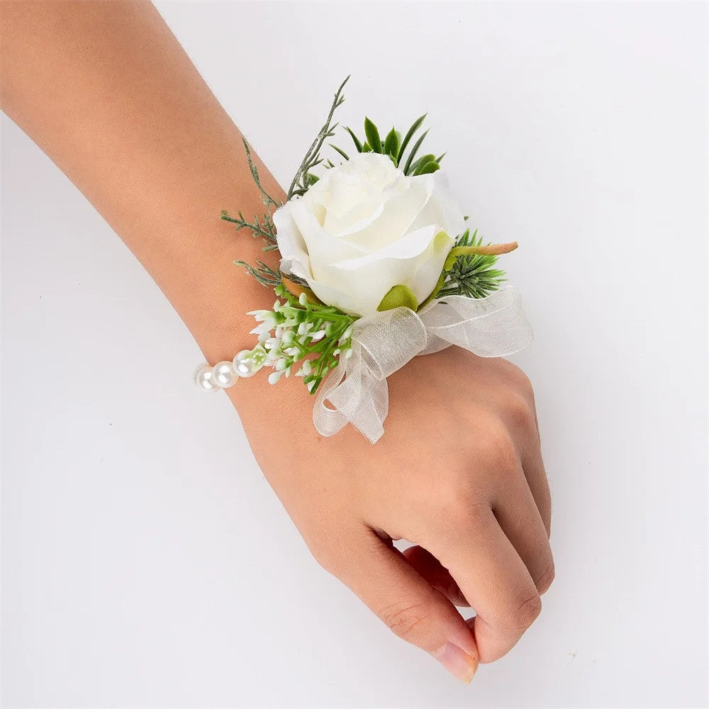 Simulated Rose Handmade Silk Flower Bride Bridemaid Corsage / Wrist Flower for Wedding Party - Milky White Wrist Flower - 2