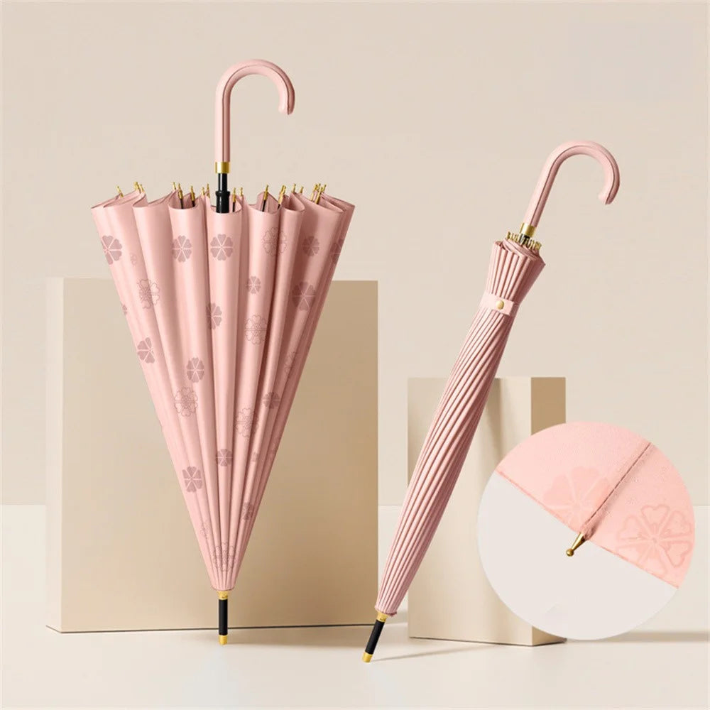 Flowering in Rain Water Umbrella 24 Ribs Manual Folding Parasol with PU Leather Handle - Rubber Pink - 2