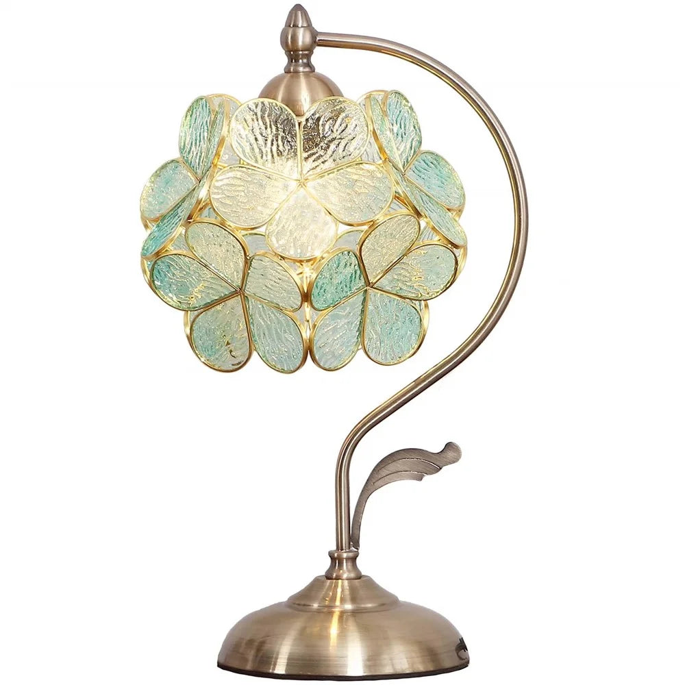 Flower Petal Table Lamp 3 Color Changing Romantic European Copper Light for Bedroom Cafe Desk Bedside Decor, EU Plug - Green - 1