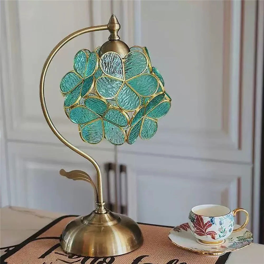 Flower Petal Table Lamp 3 Color Changing Romantic European Copper Light for Bedroom Cafe Desk Bedside Decor, EU Plug - Green - 2