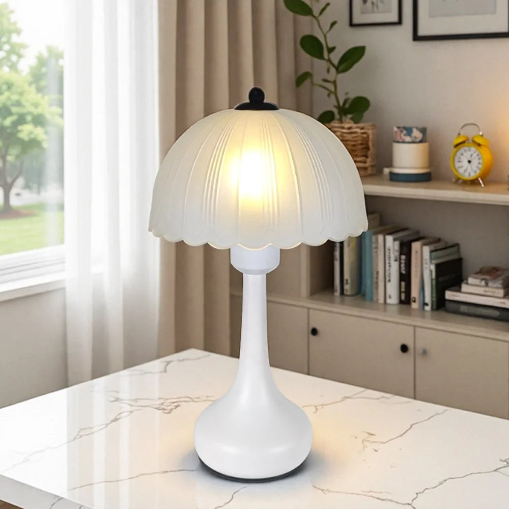 Nordic 7W Glass Petal Table Lamp 3 Color Dimmable Lamp Flicker-Free Eye-Care Light for Bedroom Study, EU Plug - Petal Glass Lampshade  /  White - 2