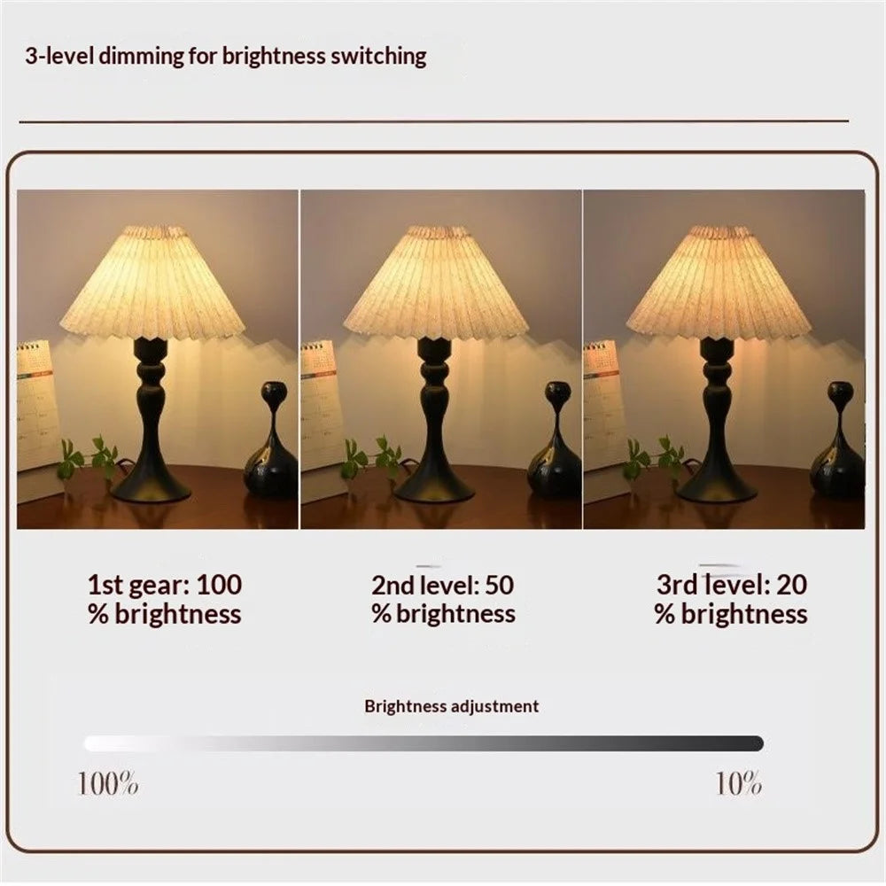 12W Pleated Bedside Lamp 3 Level Dimmable Nordic Table Lamp Flicker-Free Eye-Care Decor Light with Iron Base for Home - EU Plug -  Flax Lampshade - 3