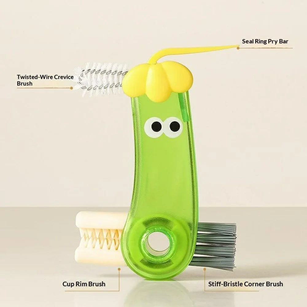 4-in-1 Cup Lid Brush Multifunctional Portable Crevice Cleaning Tool for Bottle Caps and Nipples - Green - 4