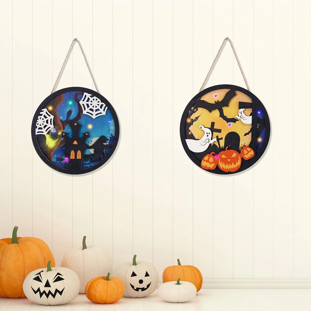 Halloween LED Light Up Door Sign Hanging Decoration Welcome Sign Decor for Home - Ghost+Pumpkin+Tombstone - 3