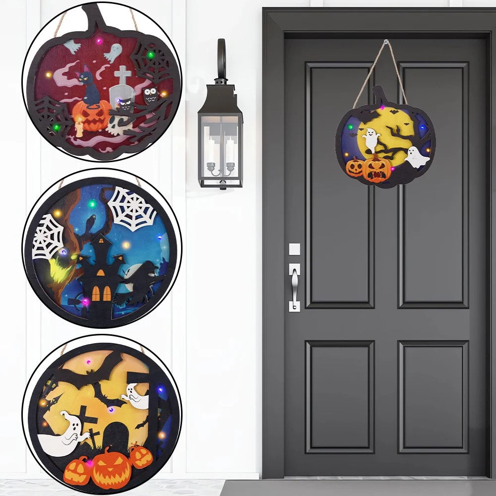 Halloween LED Light Up Door Sign Hanging Decoration Welcome Sign Decor for Home - Ghost+Pumpkin+Tombstone - 4