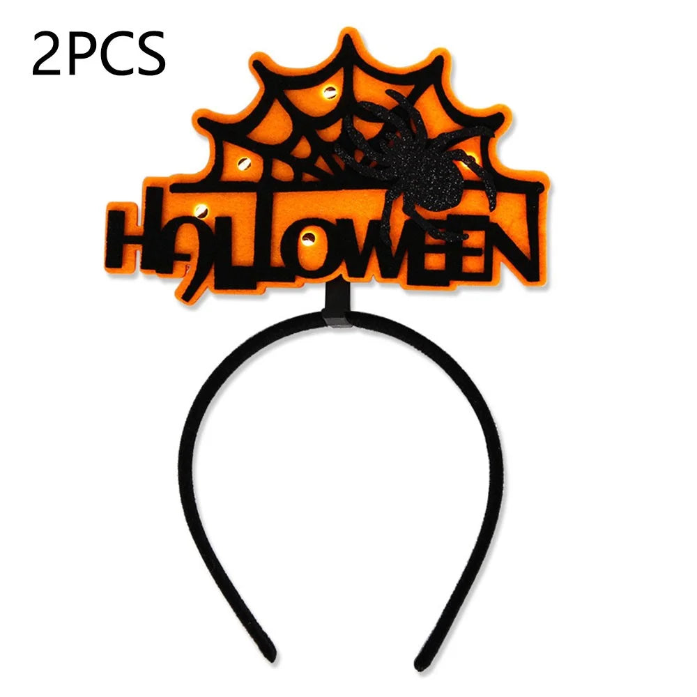 2Pcs / Set LED Light Halloween Hair Hoop Spider Web Pumpkin Glowing Headband Party Costume - Yellow Cobweb - 1