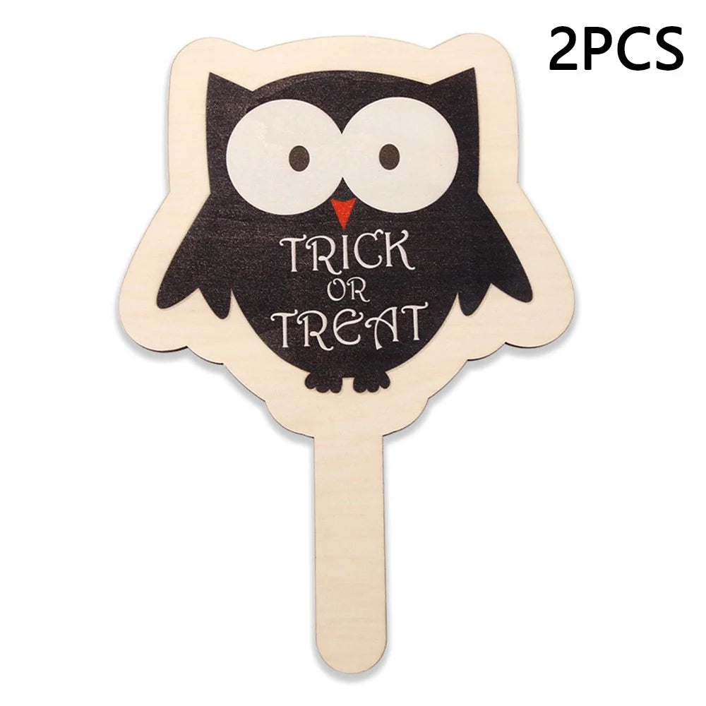 2Pcs / Set Halloween Hands-Up Sign Spider Pumpkin Bat Funny Wooden Sign Photobooth Prop - Owl - 1