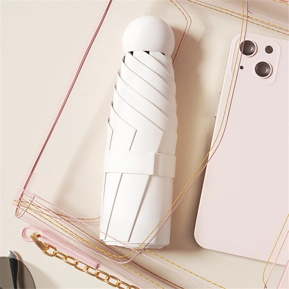 Travel Anti-UV Folding Umbrella 5-fold 6 Ribs Mini Umbrella, with Cloth Sleeve - White - 6
