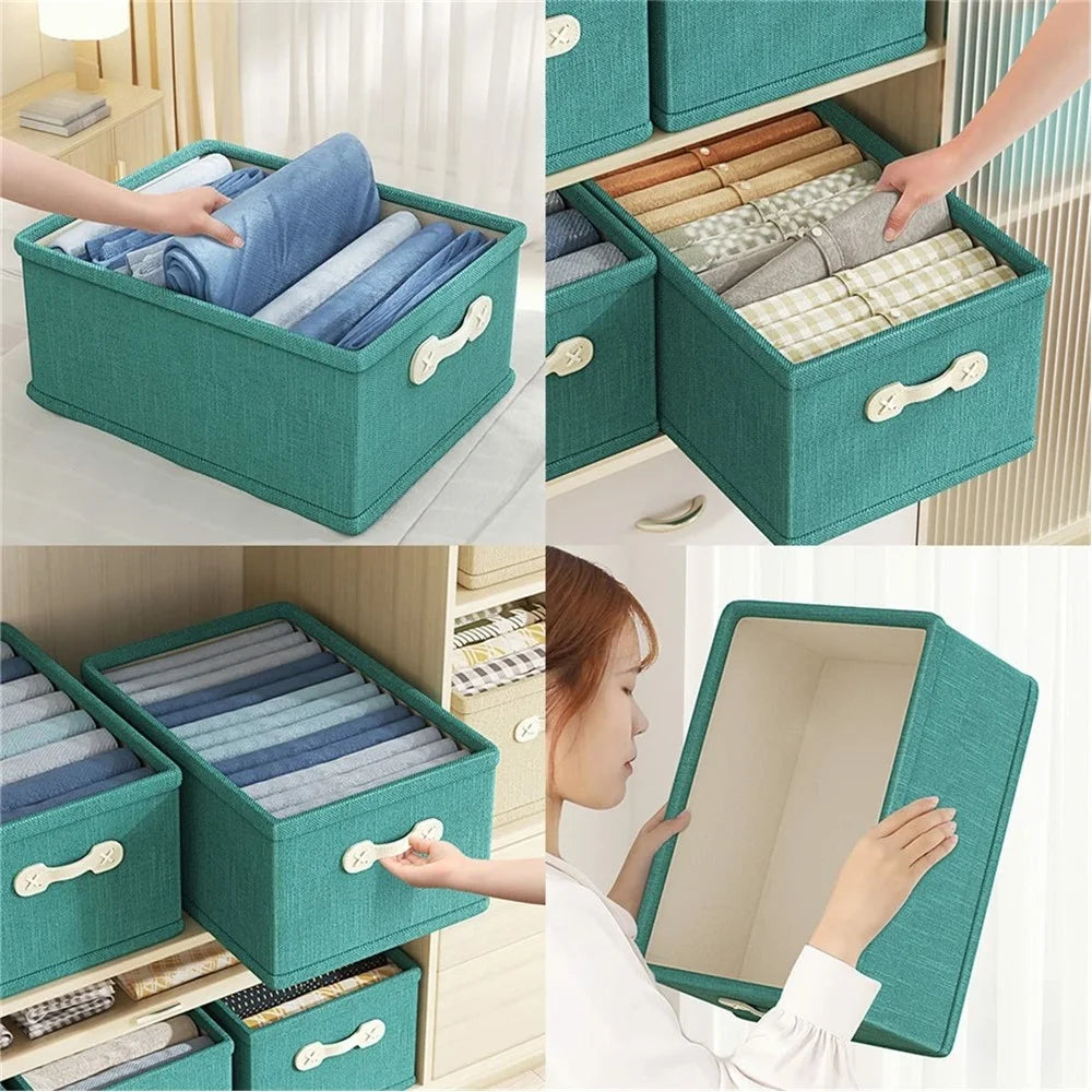 47x28x22cm Large Capacity Cotton Linen Storage Box Drawer Style Clothes Organizer - Green - 3