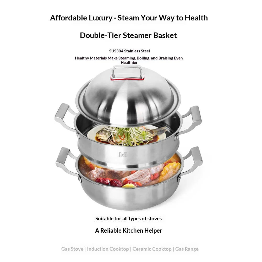 C&E 30cm 3-Tier Steamer Pot 304 Stainless Steel Multi-Functional Soup Stockpot for Home Cooking (BPA Free, No FDA) - Silver - 3