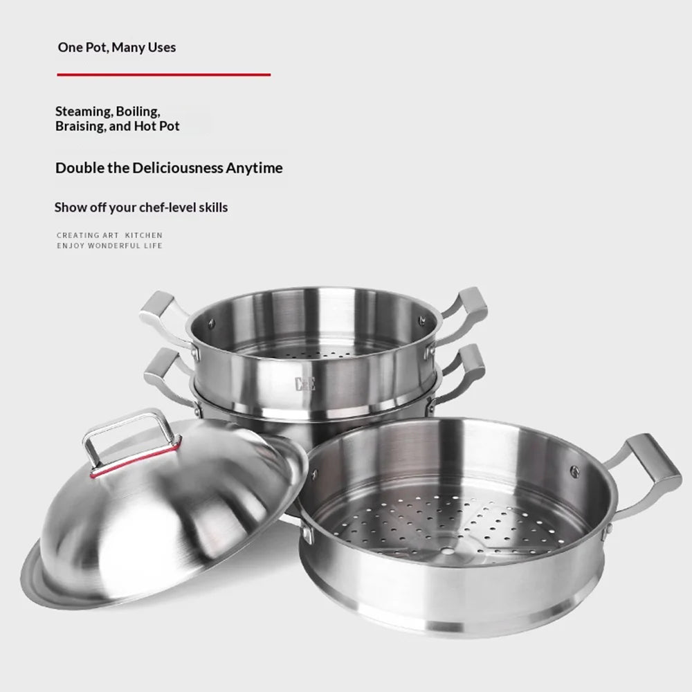 C&E 32cm 3-Tier Steamer Pot 304 Stainless Steel Multi-Functional Soup Stockpot for Home Cooking (BPA Free, No FDA) - Silver - 4