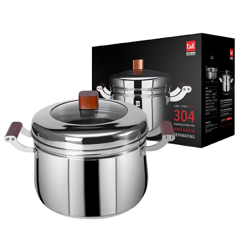 C&E 22cm Steamer Pot 304 Stainless Steel Composite Base Low-Sugar Rice Cooker with Beech Wood Handle (BPA Free, No FDA) - Silver - 1
