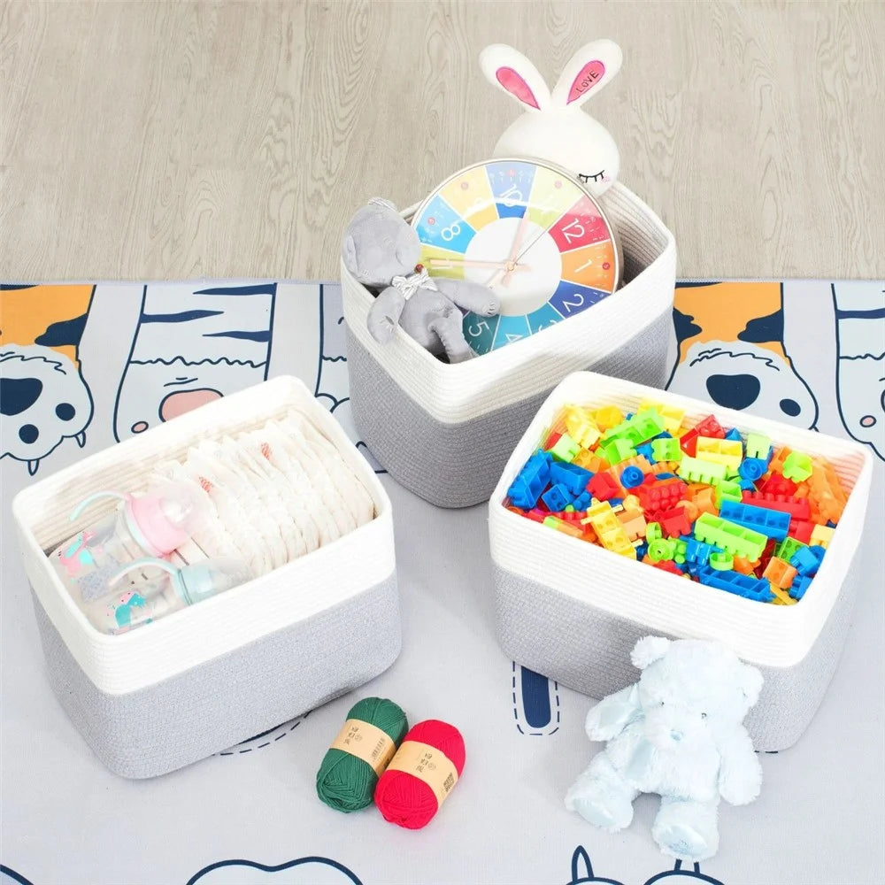 AB-085 Cotton Rope Storage Basket for Toys Magazine Dual Handle Sundries Organizer Basket - White+Light Grey - 6