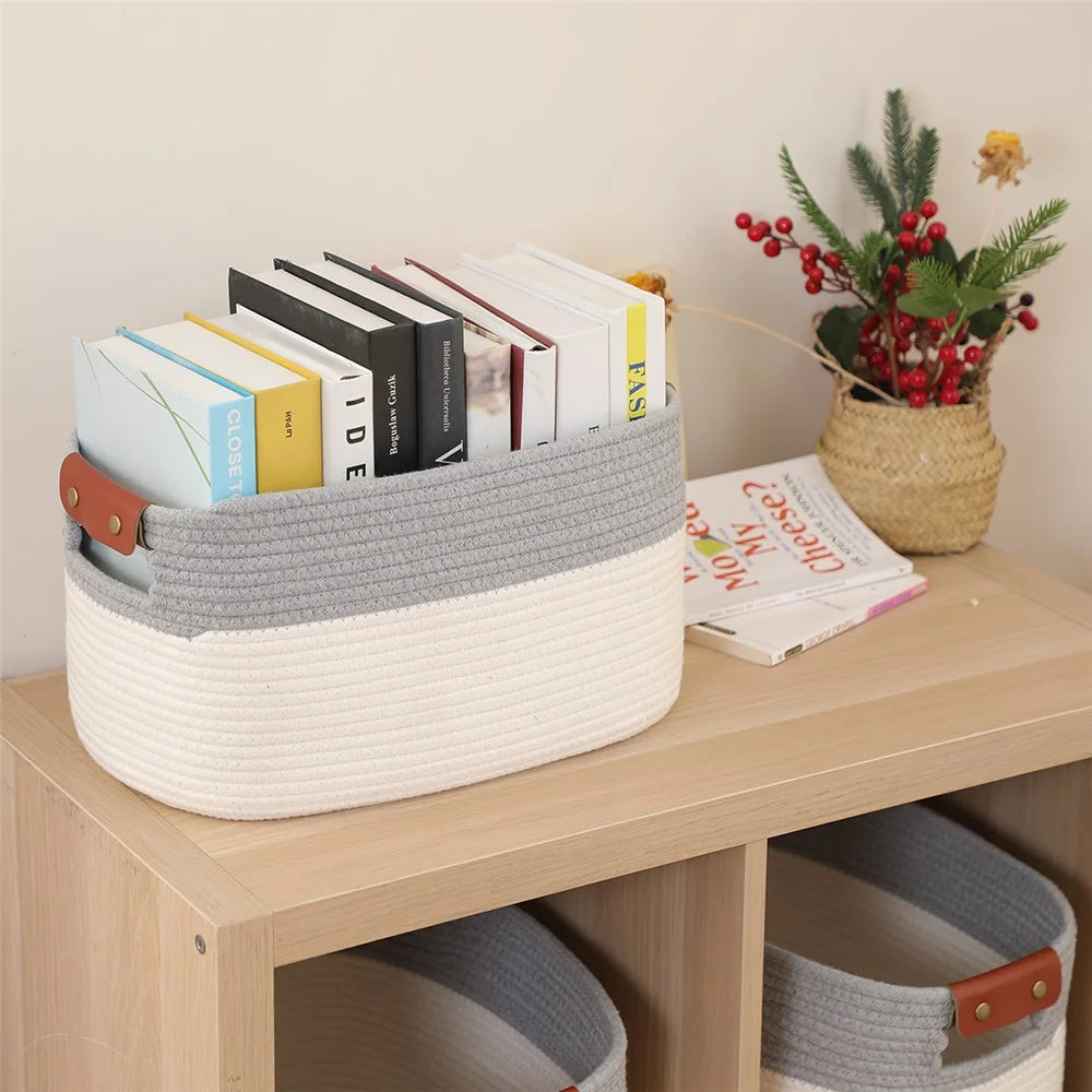 AB-028 Home Decoration Books Storage Bin Storage Box Woven Cotton Rope Basket Organizer for Toys, Magazines - White+Grey - 3
