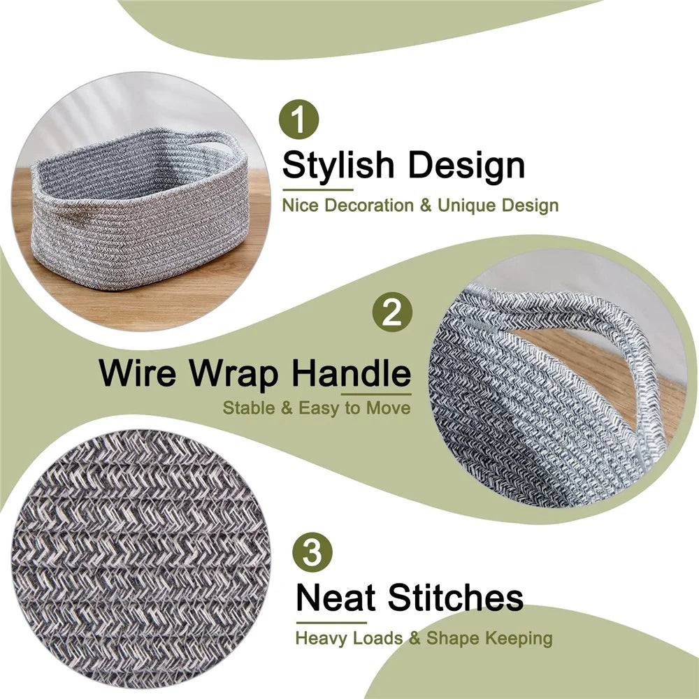 AB-096 Decorative Storage Box Woven Cotton Rope Basket for Toy, Makeup, Shampoo, Lotion, Book - Grey - 6
