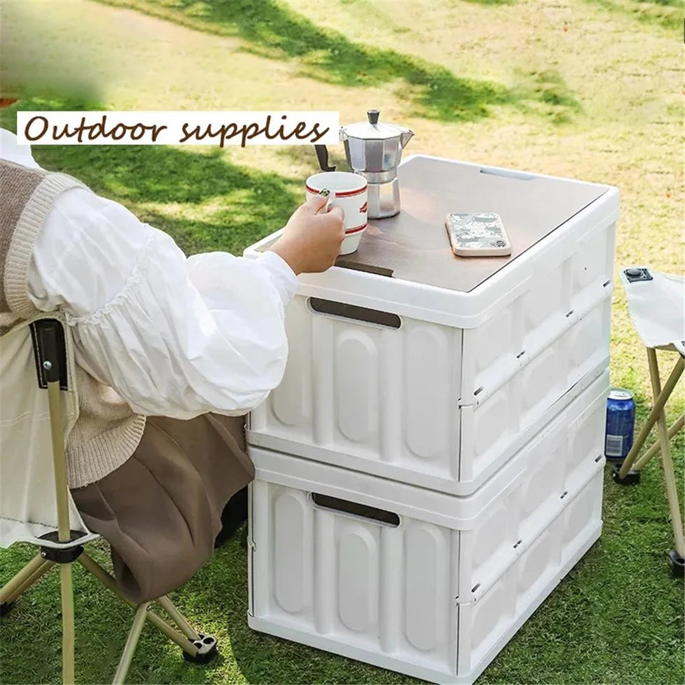 55L Storage Box Wood+PP Outdoor Foldable Storage Organizer with Lid, 525x360x295mm - White - 2
