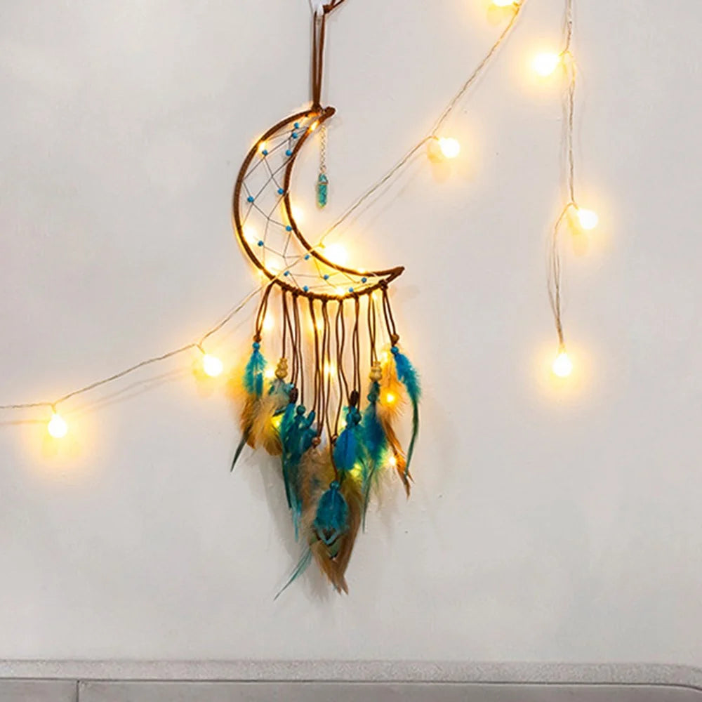 Energy Stone Pendant Feather Dream Catcher Hanging Decor Home Wall Ornament with LED Light Strip - Moon - 3