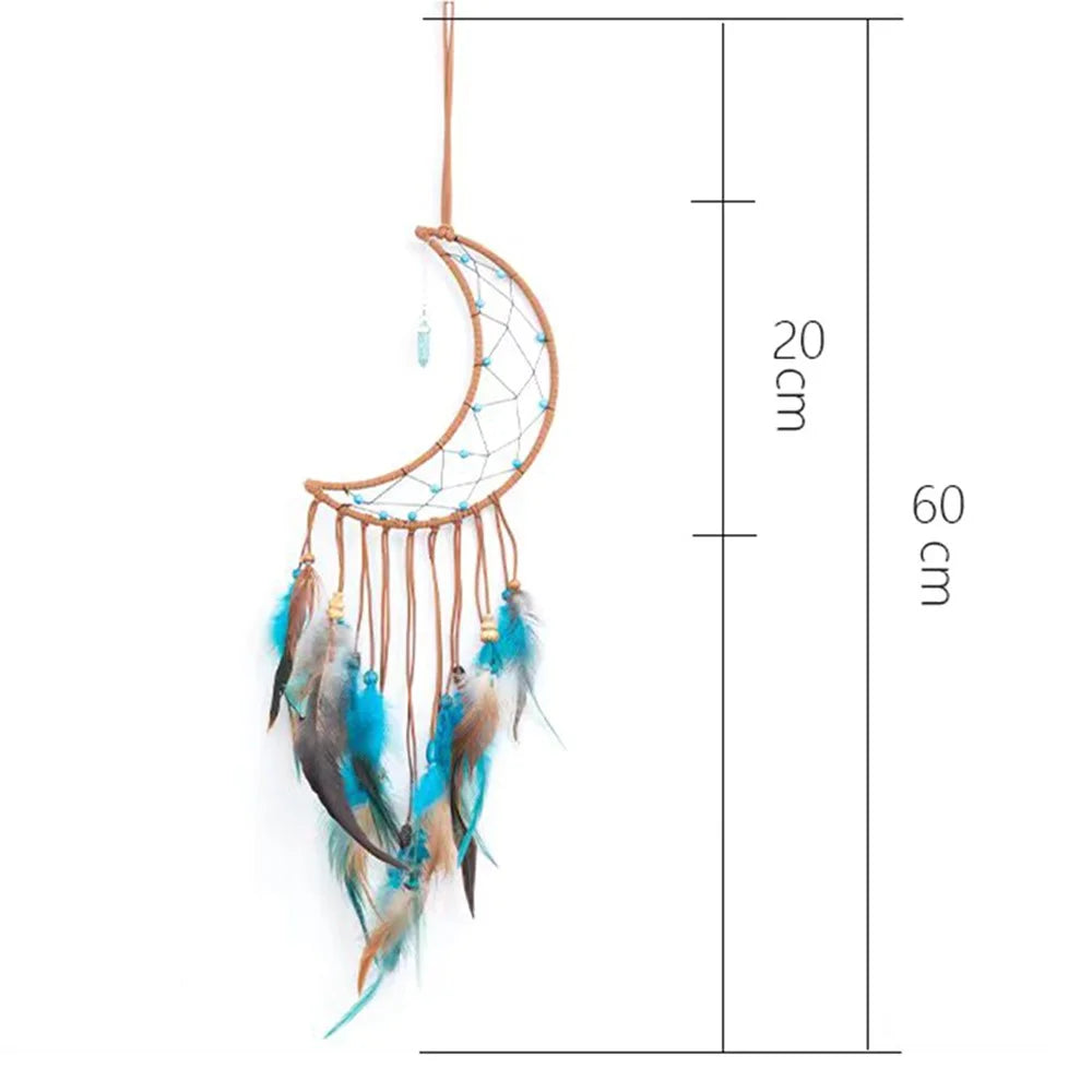 Energy Stone Pendant Feather Dream Catcher Hanging Decor Home Wall Ornament with LED Light Strip - Moon - 7