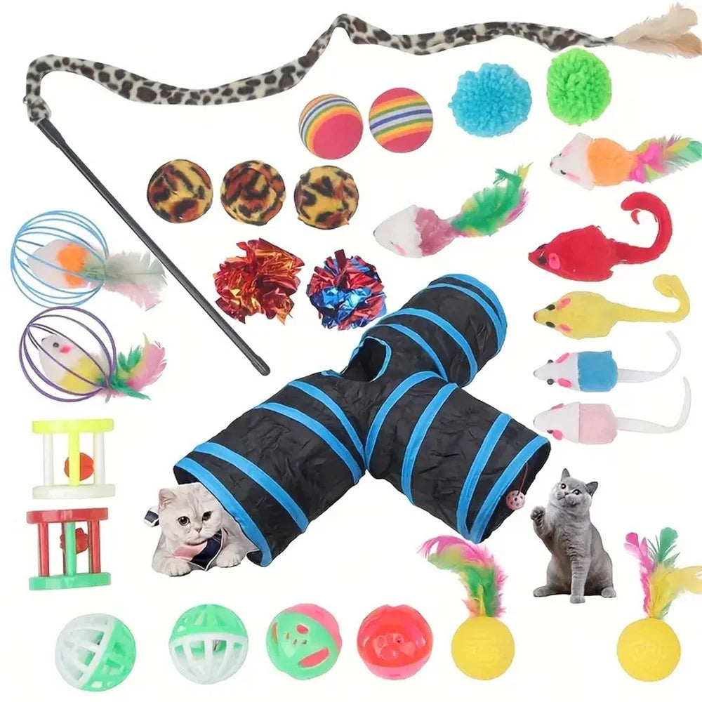 27Pcs / Set Cat Toys Set with T-Shaped Black Tunnel Interactive Cat Toy Feather Fish Mouse Crinkle Balls - 2