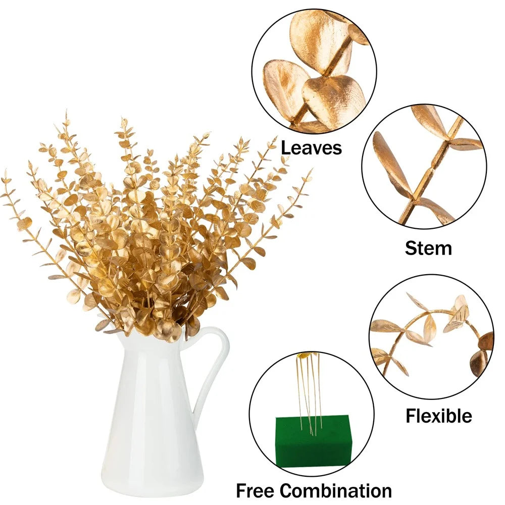 10Pcs Artificial Eucalyptus Stems Plastic Faux Plant Home Office Wedding Party Decor - Gold - 4