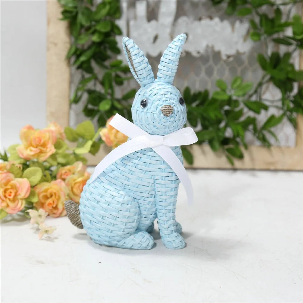 Rattan Effect Resin Rabbit with Bowknot Home Garden Children Room Ornament - Blue Sitting Position - 2