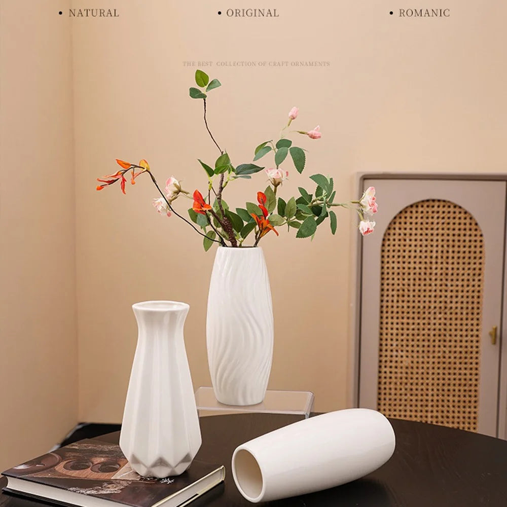 European Simple White Ceramic Vase Living Room Dining Table Decor Dried Fresh Flowers Hydroponic Plant Holder - Style B - 3